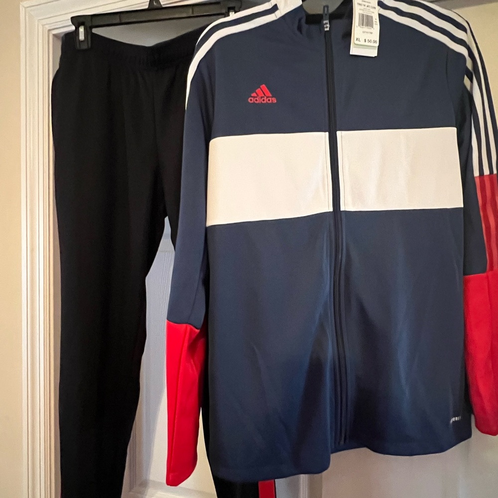 Adidas Men's Blue, Black and Red Track Jacket and Track Pants